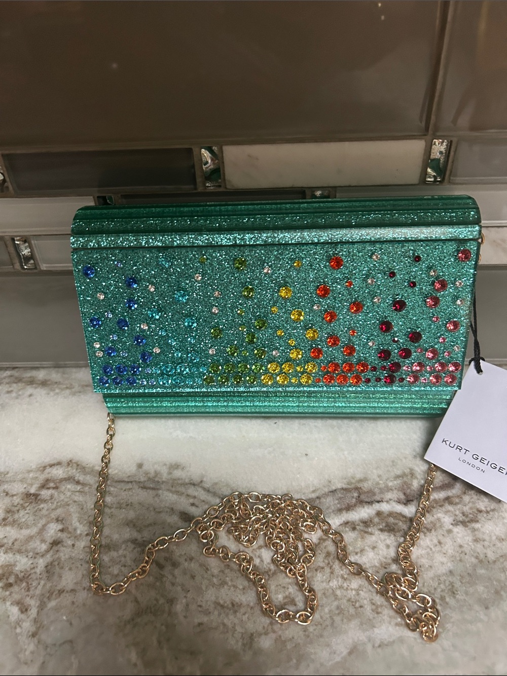 KURT GEIGER LONDON CRYSTAL EMBELLISHED PARTY ENVELOPE CLUTCH  Turquoise Chain.